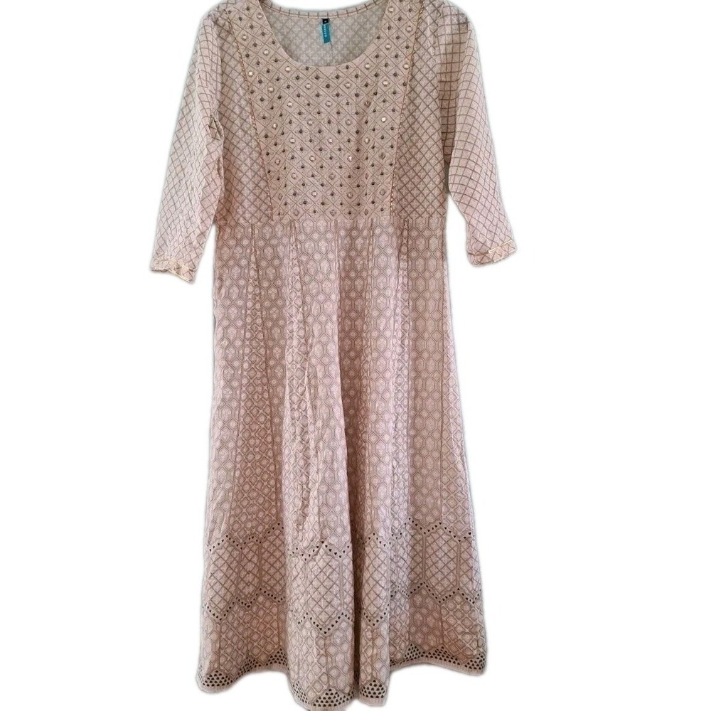 Janasya Women's Dress | Cream Beige Cotton Rhinestones Ethnic Kurta Tunic Size M